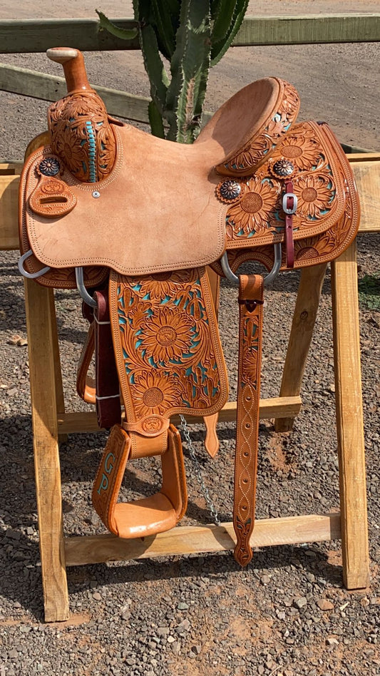 Roping Saddle - Turquoise With Sunflower & Cactus